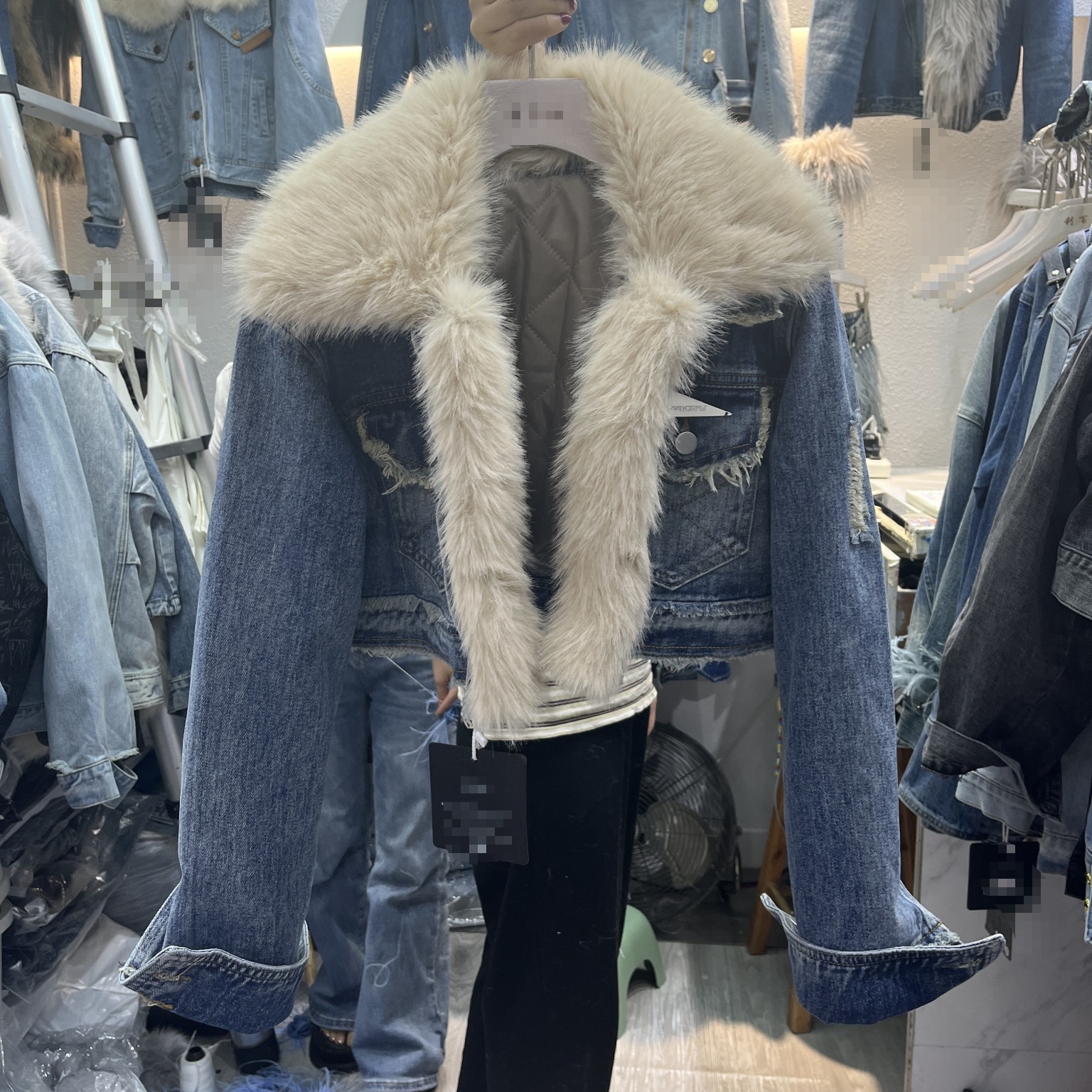 Denim Splicing Quilted Environmental Protection Fox Fur Denim Coat Short - Image 6