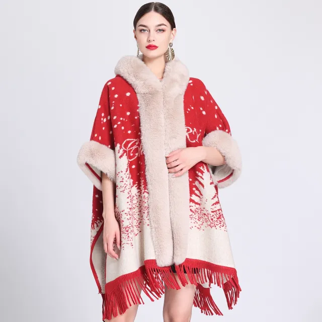 Loose Plaid Plus Cashmere Fur Collar Knitted Inverness Red Christmas - Shop at LoveMi