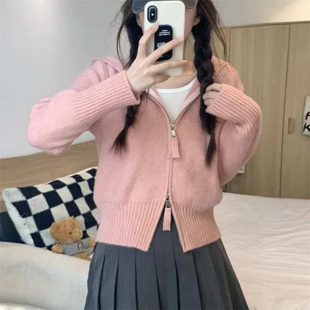 Women's Short Hood Double Zipper Sweater Pink - Shop at LoveMi