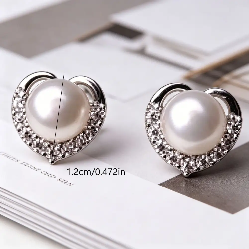 Micro Paved Zircon Faux Pearl Heart Stud Earrings