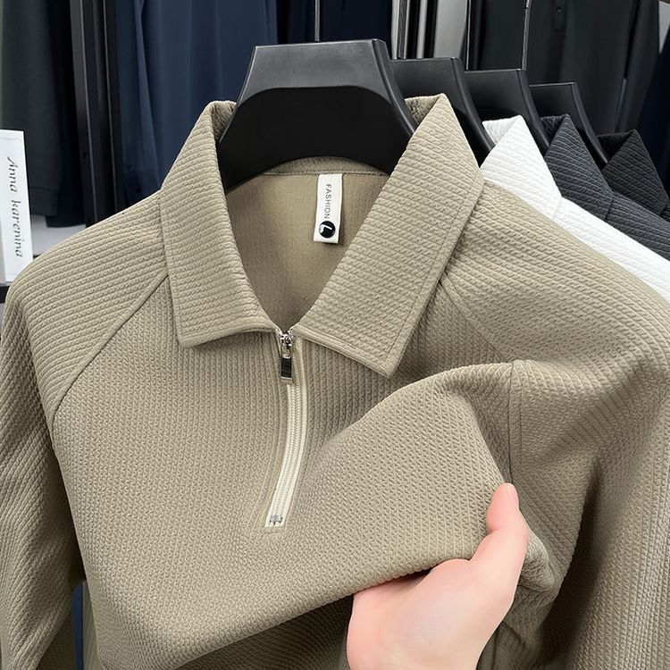 Mens Long-Sleeve Waffle-Textured American-Style Half-Zip Polo Shirt
