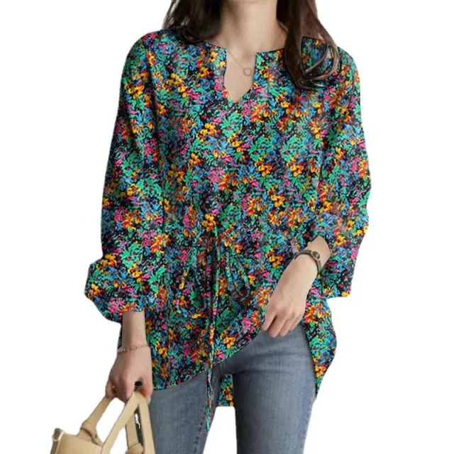 Spring And Autumn New Long Sleeve V neck Floral Print Top Green - Shop at LoveMi