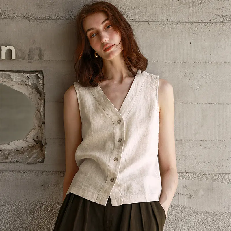 Summer Pure Linen Waistcoat Womens French-Style Relaxed