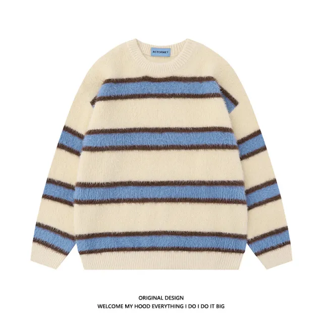 Autumn New Style Fried Street Vintage Stripe Casual Sweater Apricot - Shop at LoveMi
