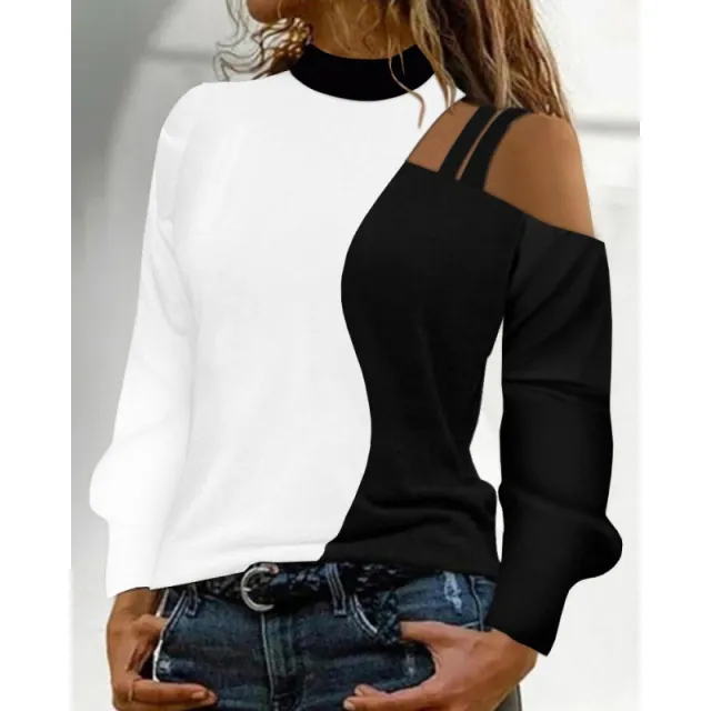 Autumn And Winter Simplicity Off the shoulder Colored Geometric Blocks Pattern Long Sleeve Top For Women White - Shop at LoveMi
