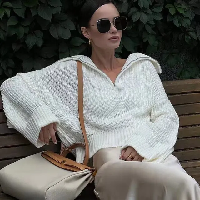Pullover Solid Color Women's Zipper Loose Casual Knitted Sweater For Women Ivory - Shop at LoveMi