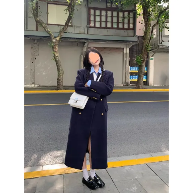Navy Blue Womens Structured Wool Coat With A Refined Shoulder Enhancing Design Navy - Shop at LoveMi