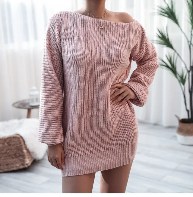 Women's Solid Color Casual Off the shoulder Lantern Sleeve Knitted Sweater Dress Lotus Pink - Shop at LoveMi