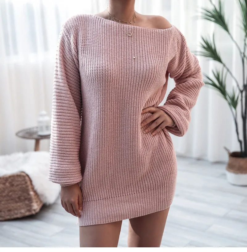 Women's Solid Color Casual Off-the-shoulder Lantern Sleeve Knitted Sweater Dress - Lotus Pink