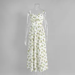 Low-collar Tie-waist High-waist Slit High-waist Printed Dress - Beige - View 1