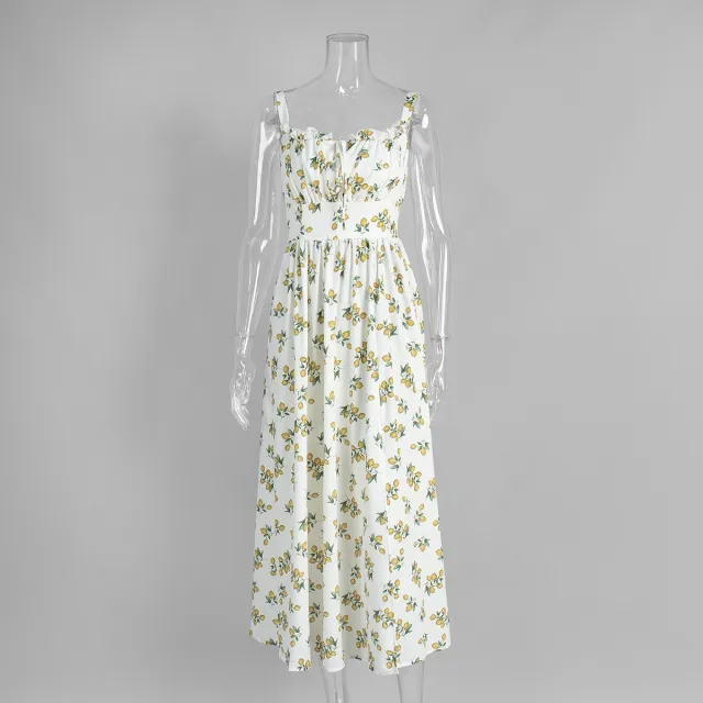 Low collar Tie waist High waist Slit High waist Printed Dress Beige - Shop at LoveMi