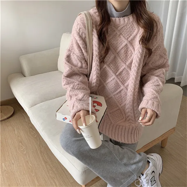 Mori Style Round Neck Thick Thread Cable knit Pullover Sweater Women's Thickened Autumn And Winter Pink - Shop at LoveMi