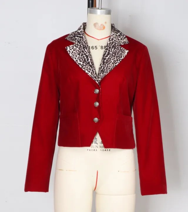 Womens Stylish Leopard print Casual Loose Cropped Jacket Red - Shop at LoveMi