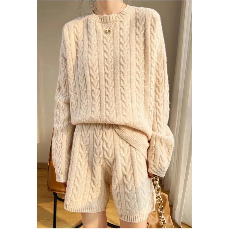 Idle Style Loose Pullover Knitwear Straight Cropped Pants Two-piece Set - Apricot