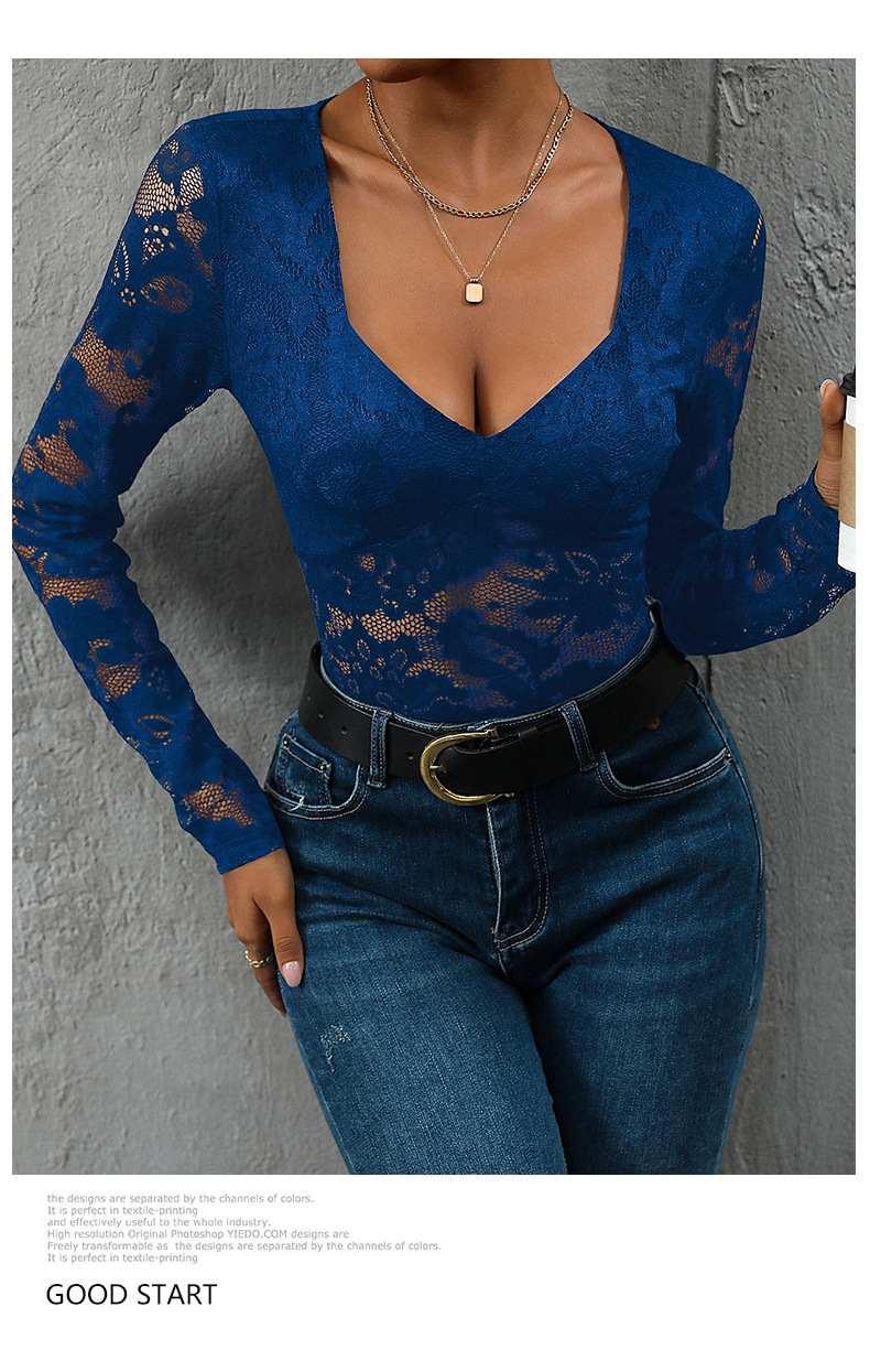 Women’s Lace Long Sleeve Bodysuit – Deep V Neck Solid Top