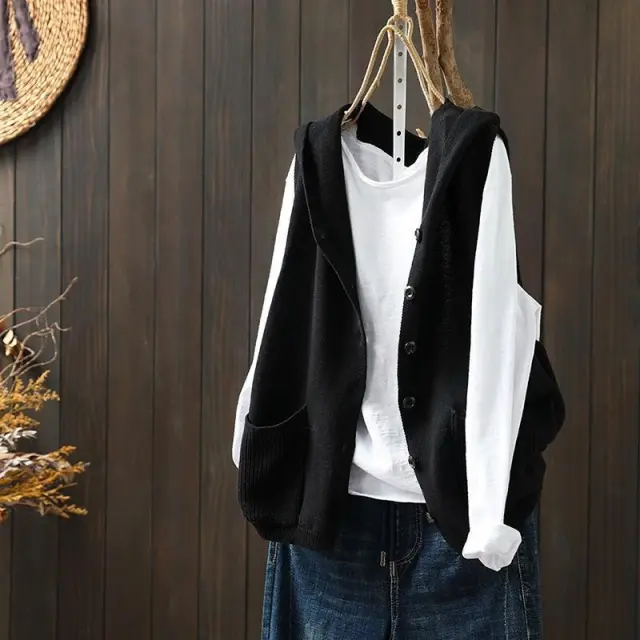 Hooded Knitted Vest Female Artistic Relaxed fit Casual Black - Shop at LoveMi
