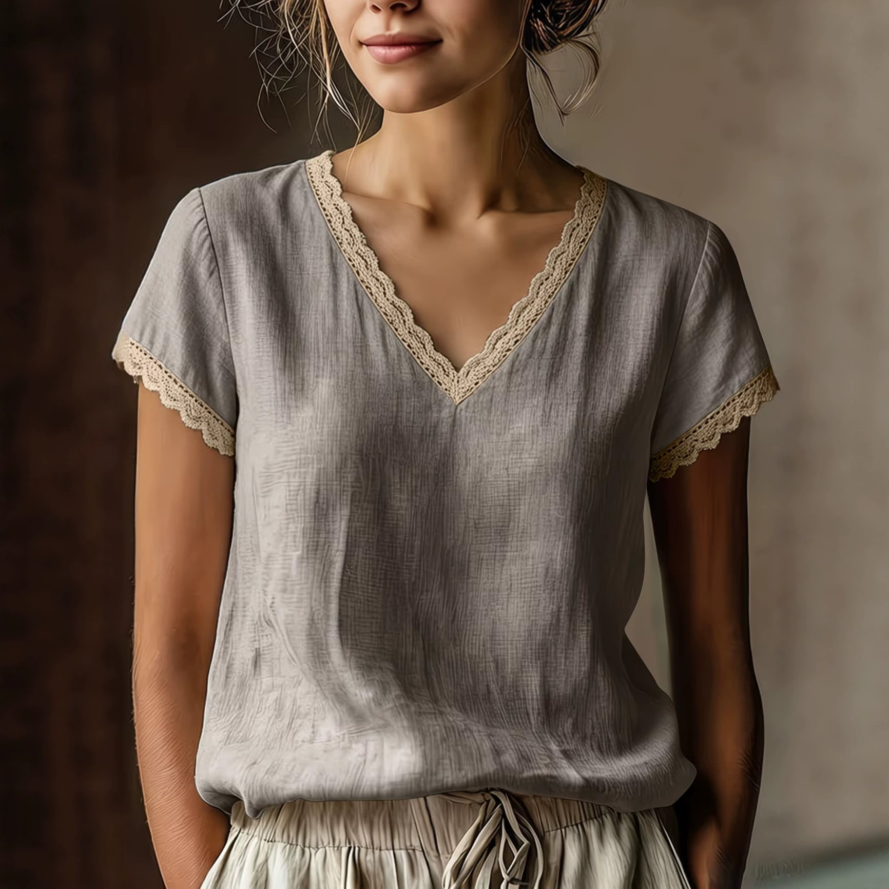 Loose Fitting Solid Color V Neck Lace Sleeveless Blouse