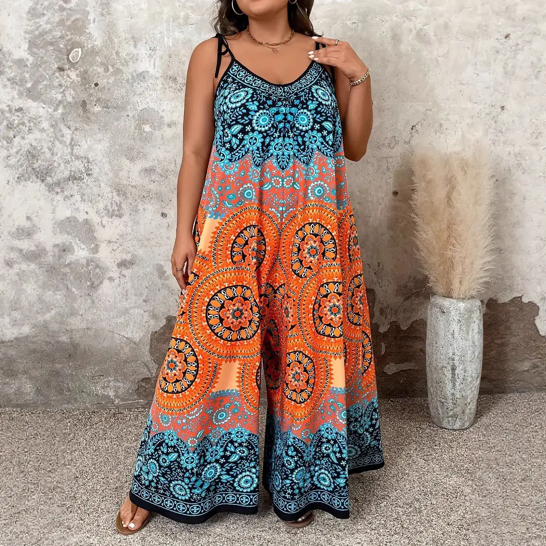Plus-size New Style Loose Sleeveless Printed Womens Jumpsuit