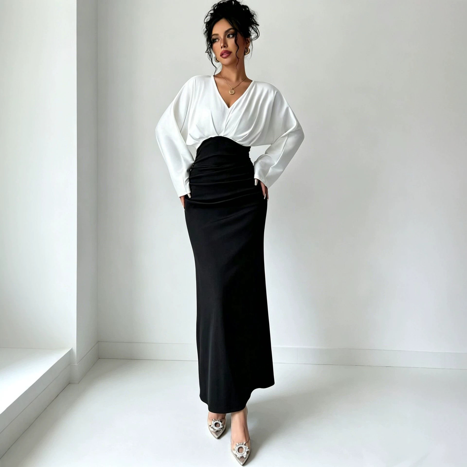 Womens Solid-Color Patchwork Long-Sleeve Slim-Fit Dress