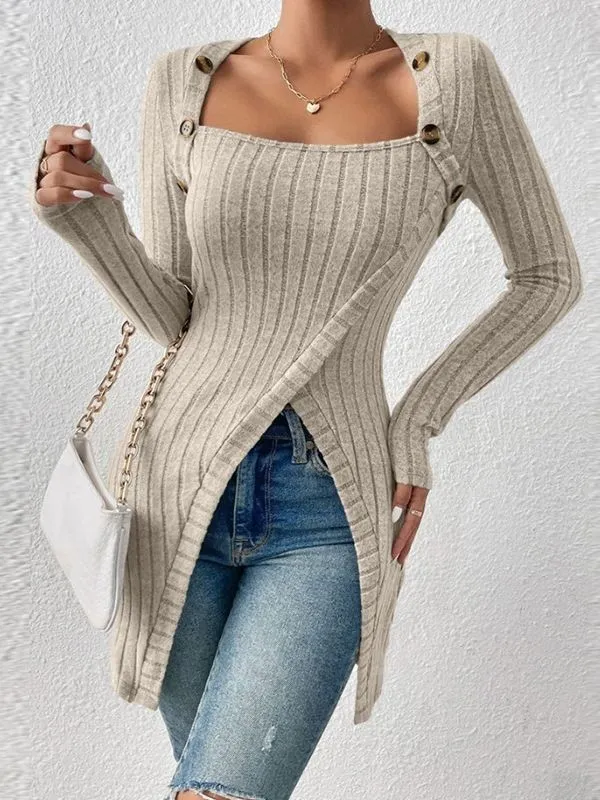 Button Split Long Sleeve Sweater Square Collar Dress Apricot - Shop at LoveMi