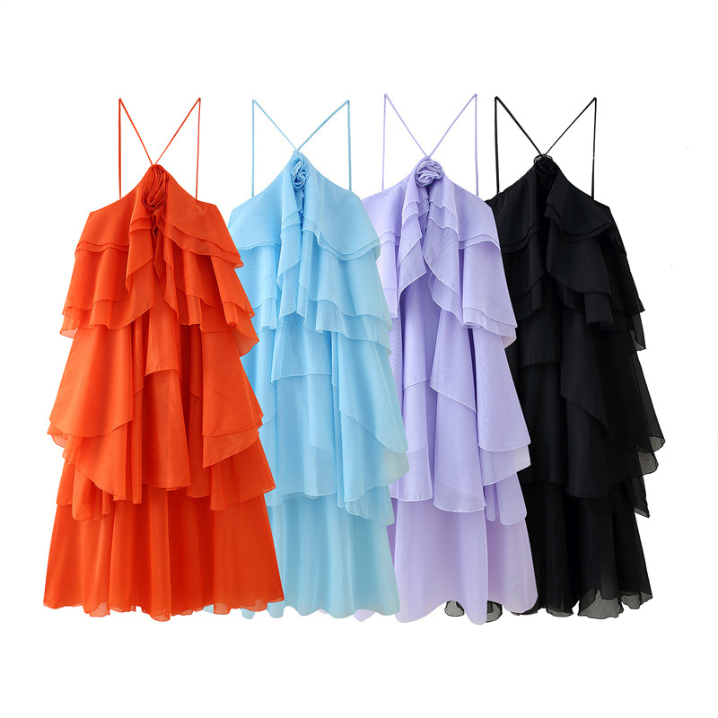 Summer Multi-color Laminated Halter Flower Decorative Sling Dress