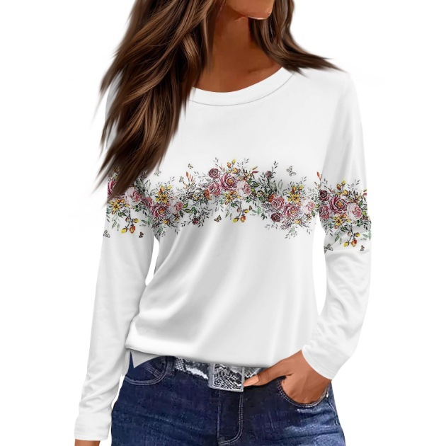 European And American Slim fit Cotton like Round Neck Printed Solid Color Long Sleeve Long Sleeve 242Style - Shop at LoveMi