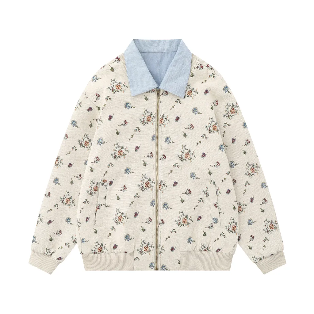 American Three-dimensional Full Printed Turn-down Collar Coat Female Autumn Leisure Couple Baseball Uniform - Apricot