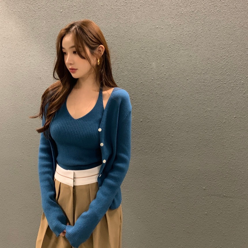 V-neck Knit Vest Elegant Sweater Cardigan Two-piece Set