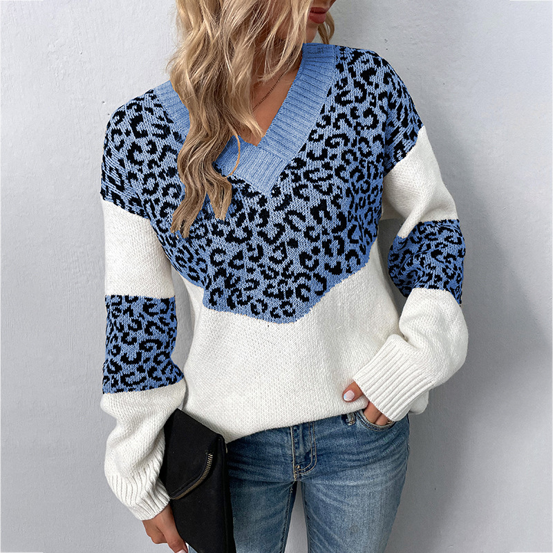 Fur Rain V neck Pullover Contrast Color Leopard Print Sweater Blue - Shop at LoveMi