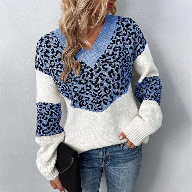 Fur Rain V-neck Pullover Contrast Colour Leopard Print Sweater - Blue