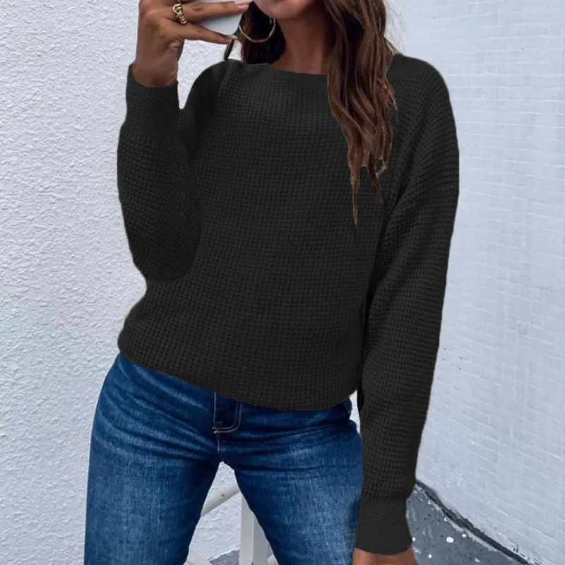 Solid Color Pullover Sweater Knitted Top For Women - Black