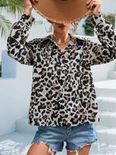 Retro Long Sleeve Lapel Print Shirt For Women - Yellow Leopard Print - View 1