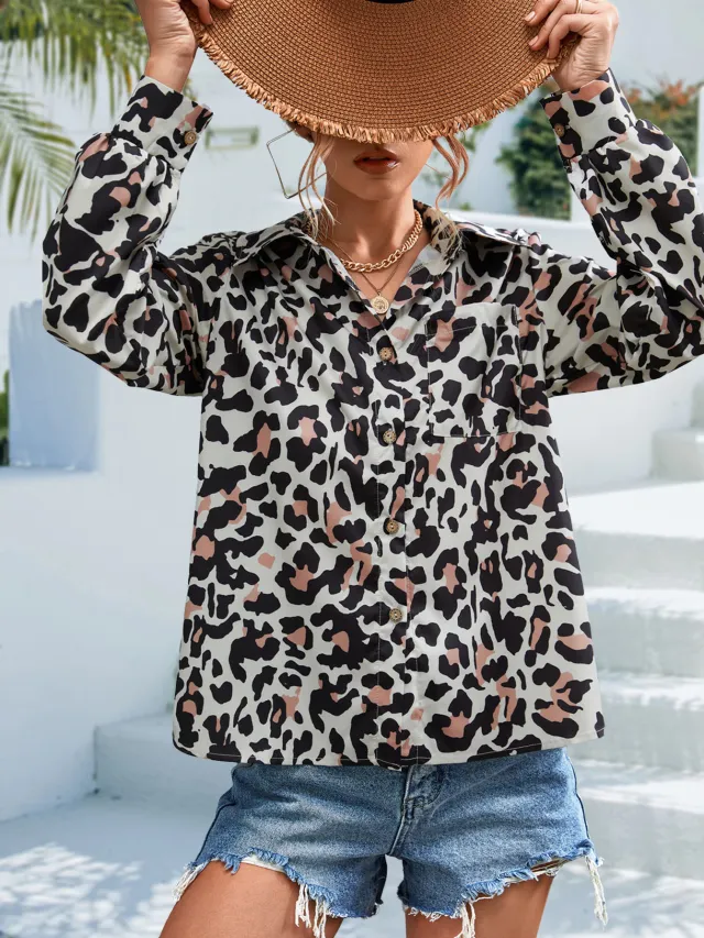 Retro Long Sleeve Lapel Print Shirt For Women Yellow Leopard Print - Shop at LoveMi