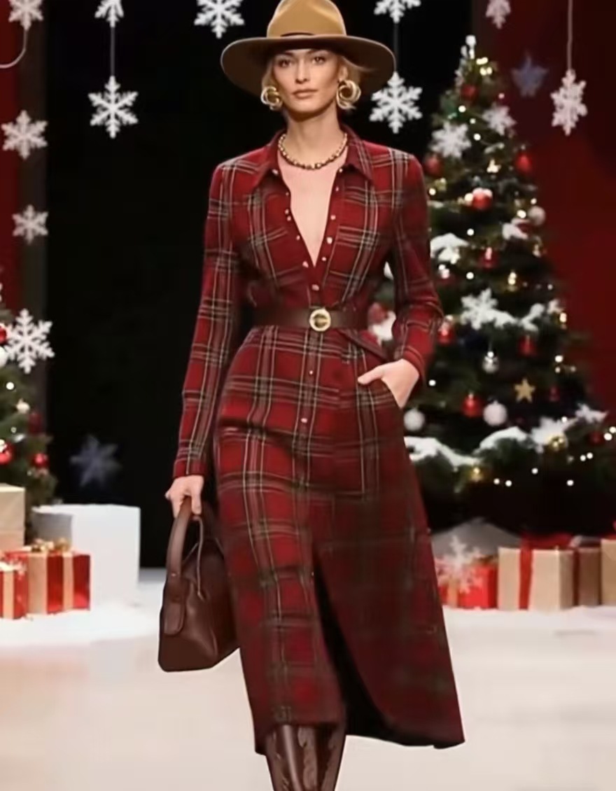 Womens Christmas Style Fashion Plaid Polo Neck Shirt Dress Red - Shop at LoveMi