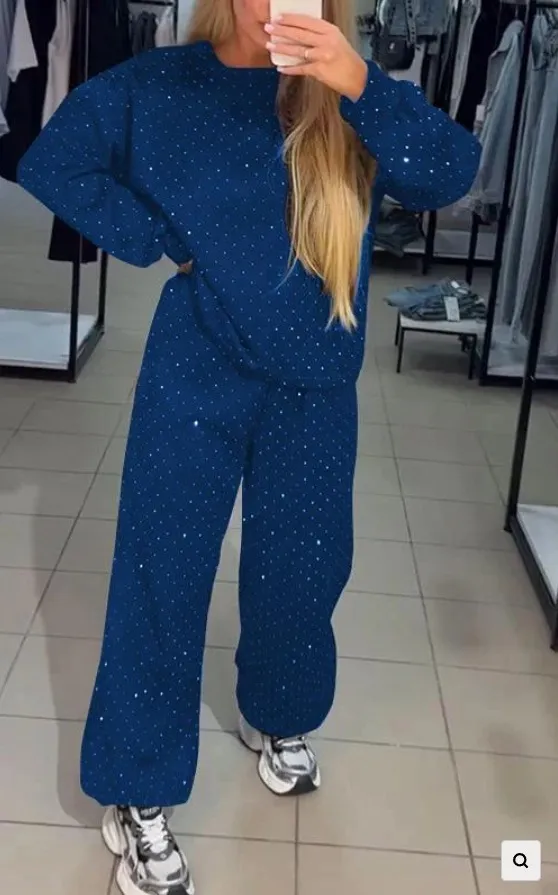 Women's Casual Round Neck Drilling Drawstring Ankle tied Two piece Suit Blue - Shop at LoveMi