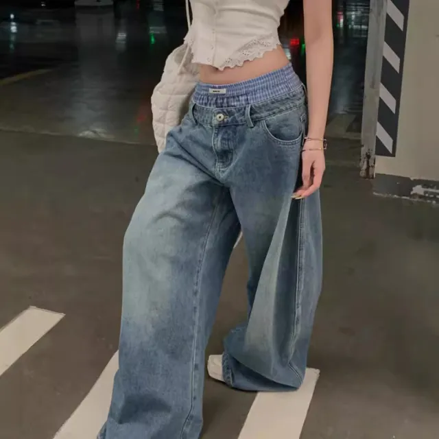 Women's Double waist Washed Wide leg Jeans Denim Blue - Shop at LoveMi