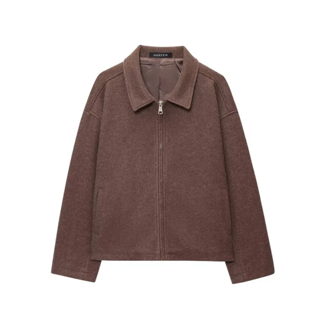 European And American Women's Clothing Brown Polo Collar Jacket Zipper Woolen Coat Brown - Shop at LoveMi