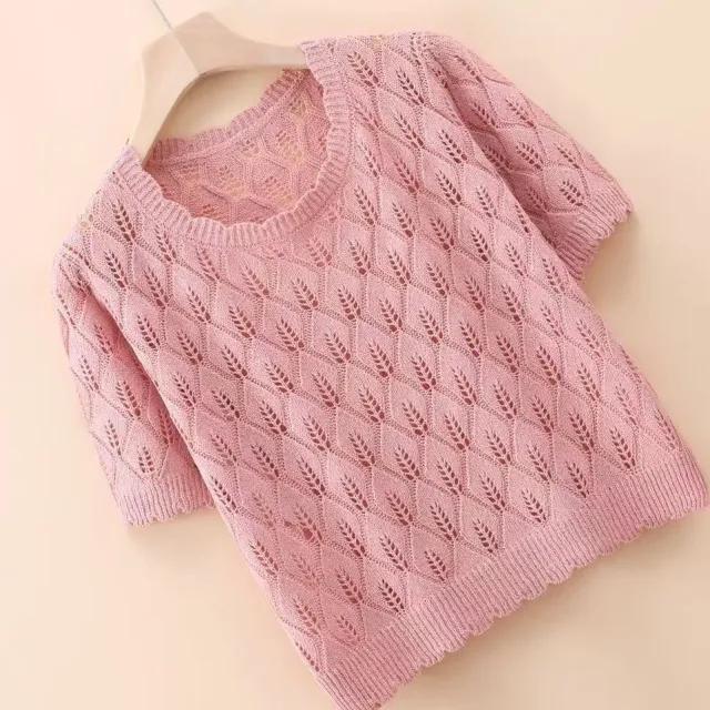 Summer Ice Silk Cut out Knitwear Thin Short Sleeve Pink - Shop at LoveMi
