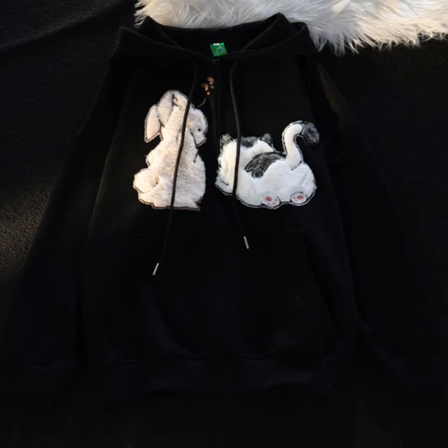 Thickened Cartoon Sweater Women's Autumn And Winter Hooded Cardigan Coat Black - Shop at LoveMi