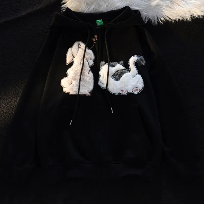 Thickened Cartoon Sweater Women's Autumn And Winter Hooded Cardigan Coat - Black