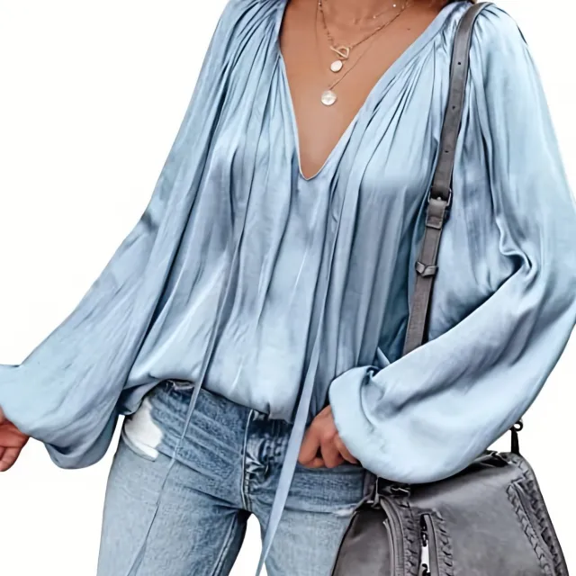 Women's Satin V neck Long Sleeve Shirt Casual Sky Blue - Shop at LoveMi