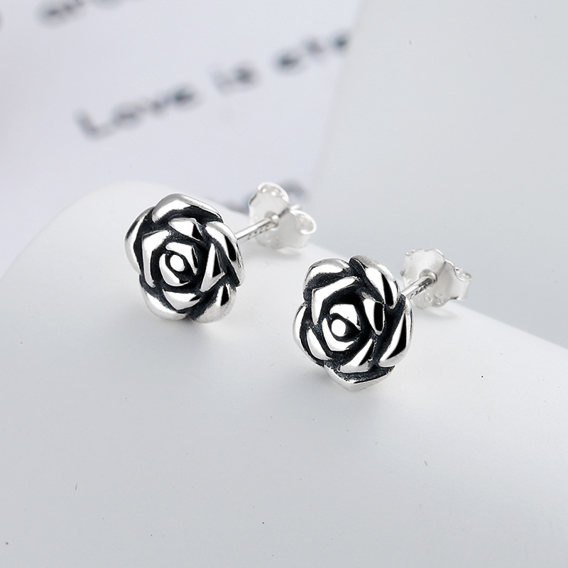 S925 Sterling Silver Vintage-Style Antique-Rose Flower Stud Earrings