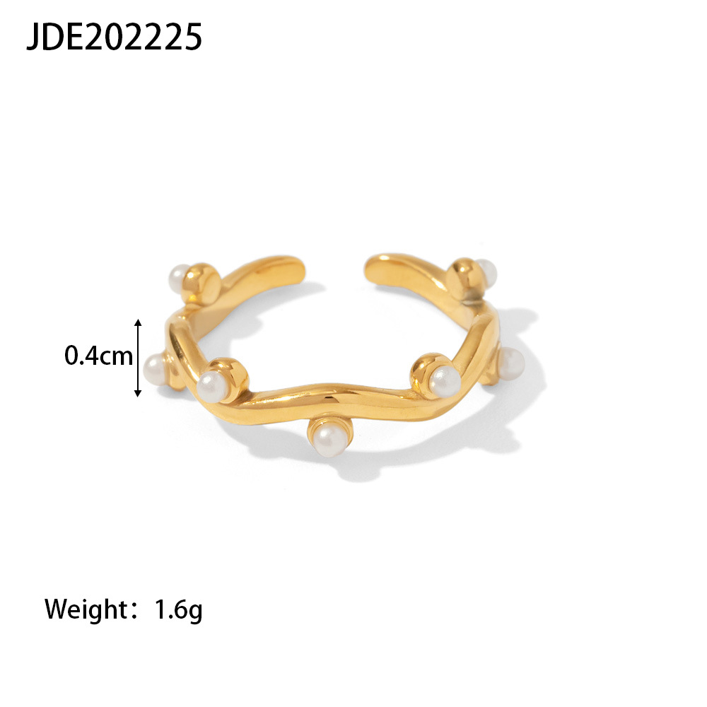 Women's Fashionable All-match Titanium Steel Ring 18K Gold-plated Irregular Inlaid White Open-end Pearl Ring