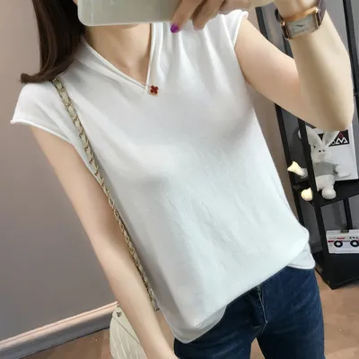 Womens Cotton linen V neck Short sleeve T shirt In Solid Colors White - Shop at LoveMi