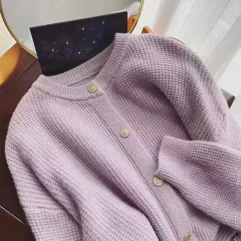 Fresh Round Neck Knitted Cardigan Spring And Autumn Design Younger Petite Top Candy Color Knitted Women's Coat - Purple