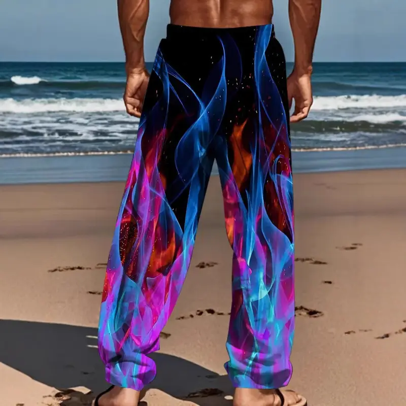 Mens Casual Pants With Blue Flame Print