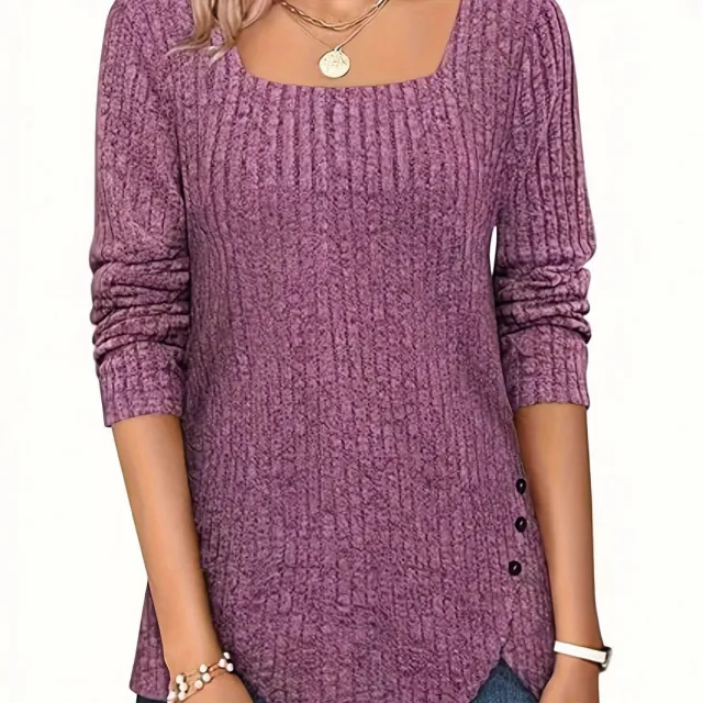 Solid Color Rib Fabric Square Collar Loose Long Sleeve Top Red - Shop at LoveMi