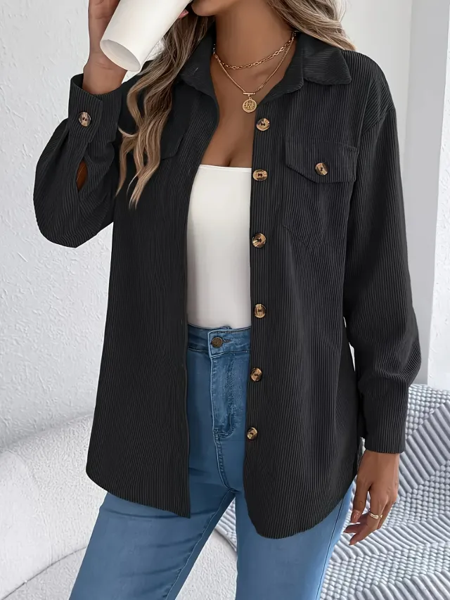European And American Corduroy Striped Mid length Coat Shirt Black - Shop at LoveMi