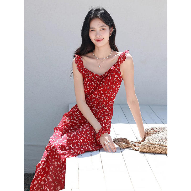 Ruffled Design Sense Vacation Spaghetti Straps Dress Dazzling Red - Shop at LoveMi