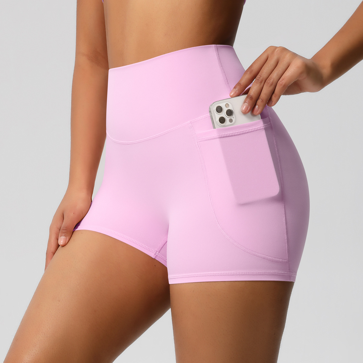 Brushed Solid Color Pocket High Waist Tight High Elastic Yoga Shorts Cherry Pink - Shop at LoveMi